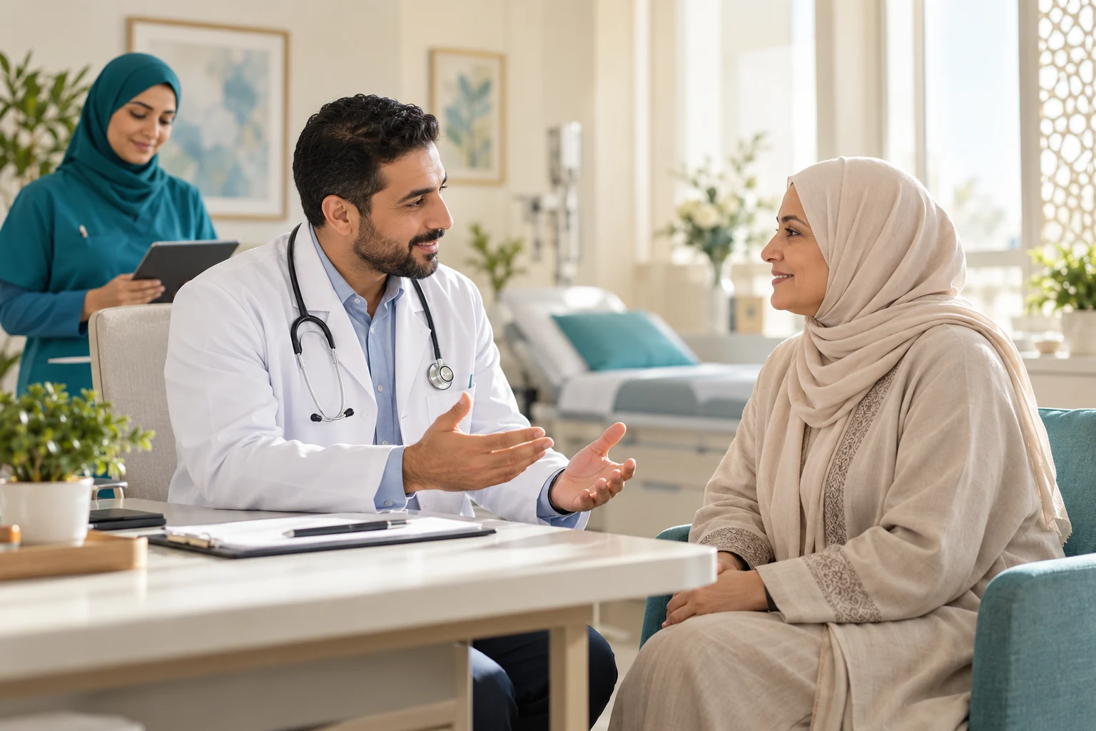 طبيب عربي يستمع إلى سيدة محجبة في عيادة مضيئة