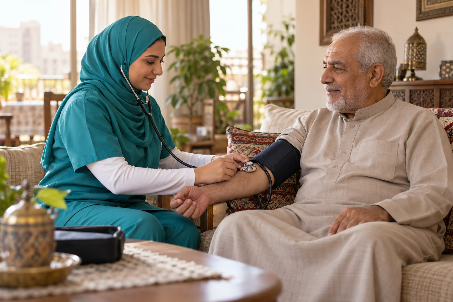 ممرضة عربية محجبة تقدم رعاية منزلية لرجل مسن
